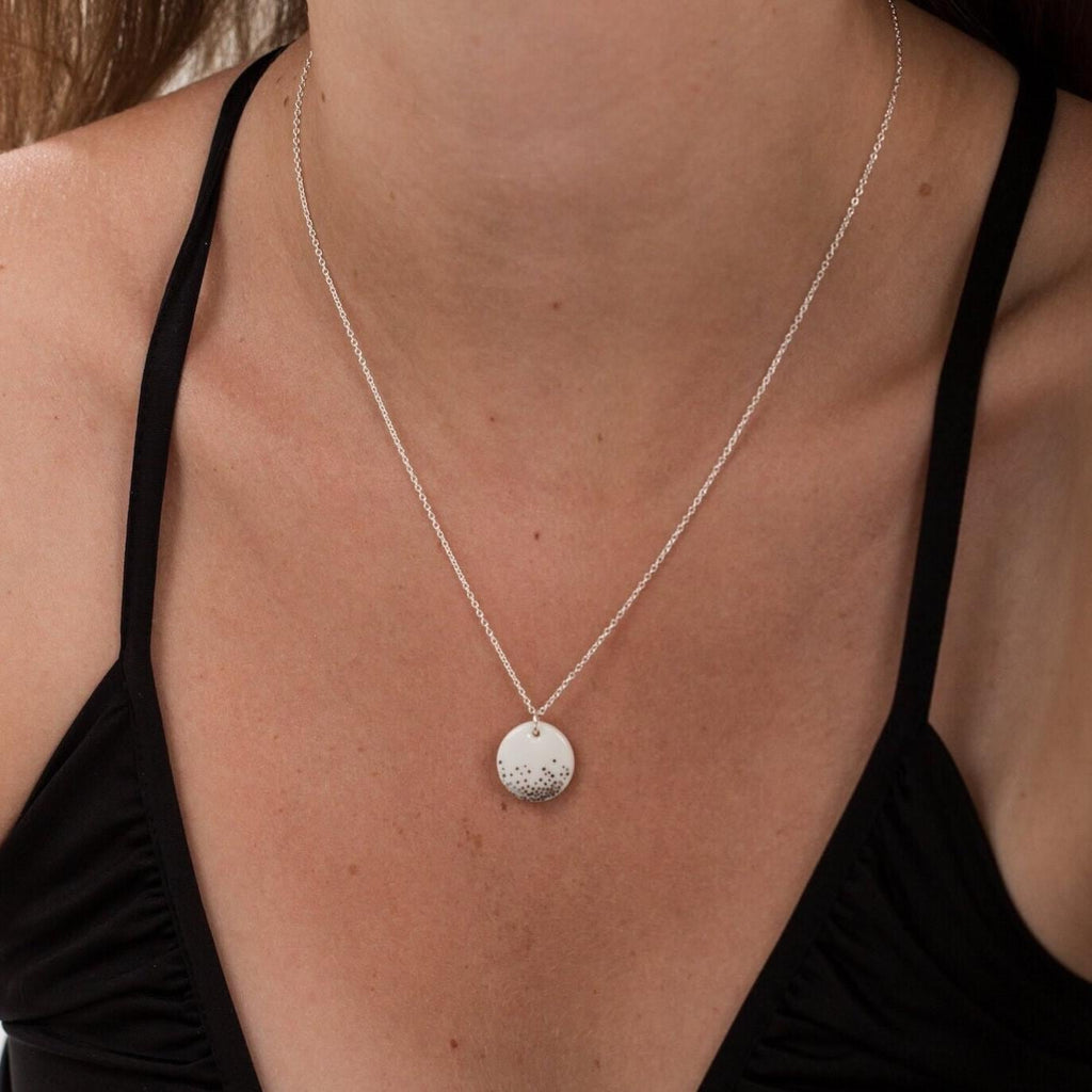 Handmade Porcelain Necklace: Silver Mist Charm, Elegant Jewelry