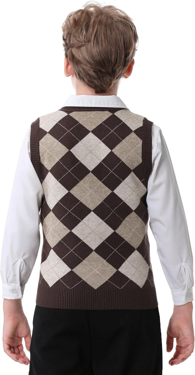 Boys Sweater Vest V Neck Argyle Sleeveless Uniform Knit Plaid Kids Clothes