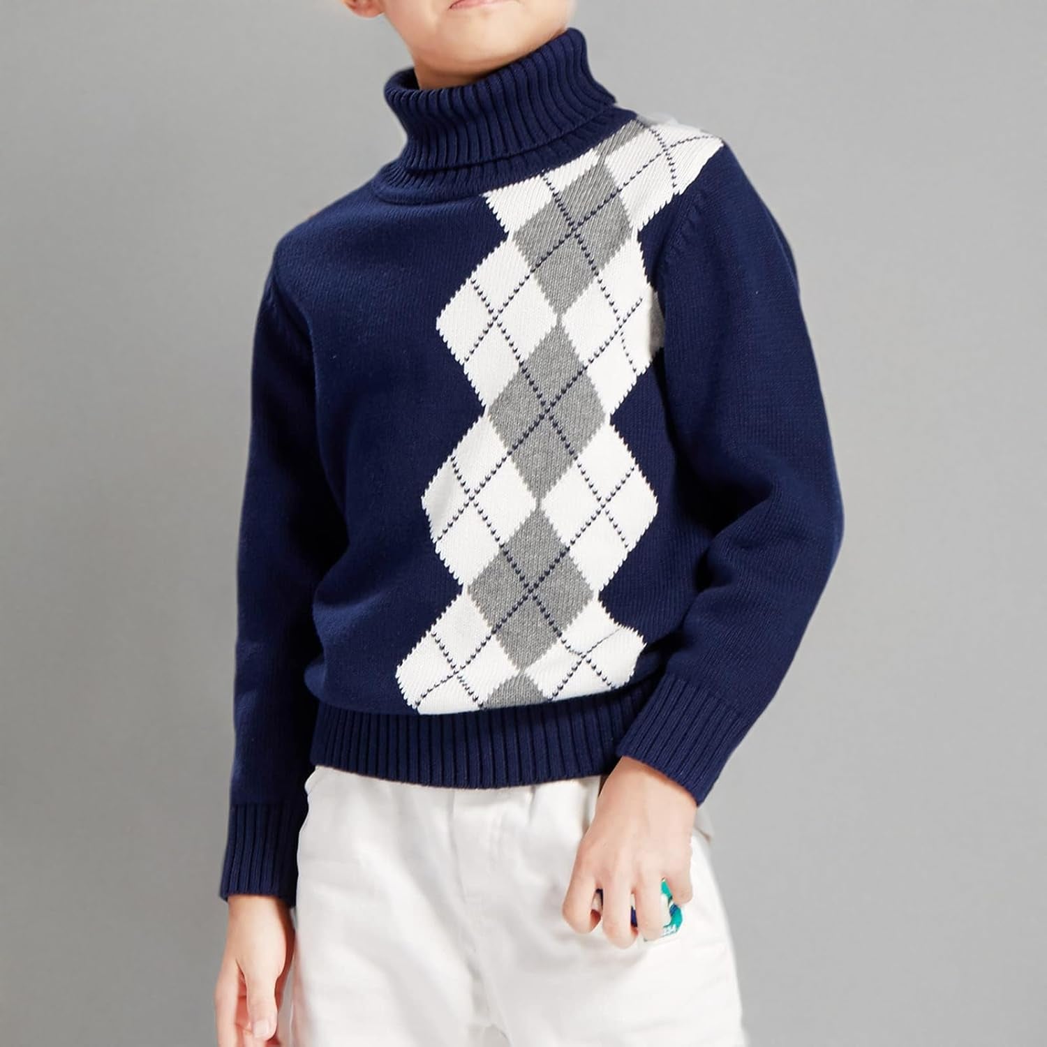 Kids Long Sleeve Sweater Argyle Uniform Plaid Turtleneck Pullover for Boys Girls