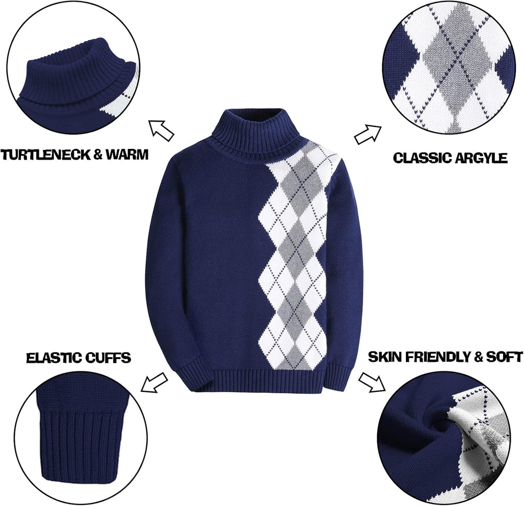 Kids Long Sleeve Sweater Argyle Uniform Plaid Turtleneck Pullover for Boys Girls