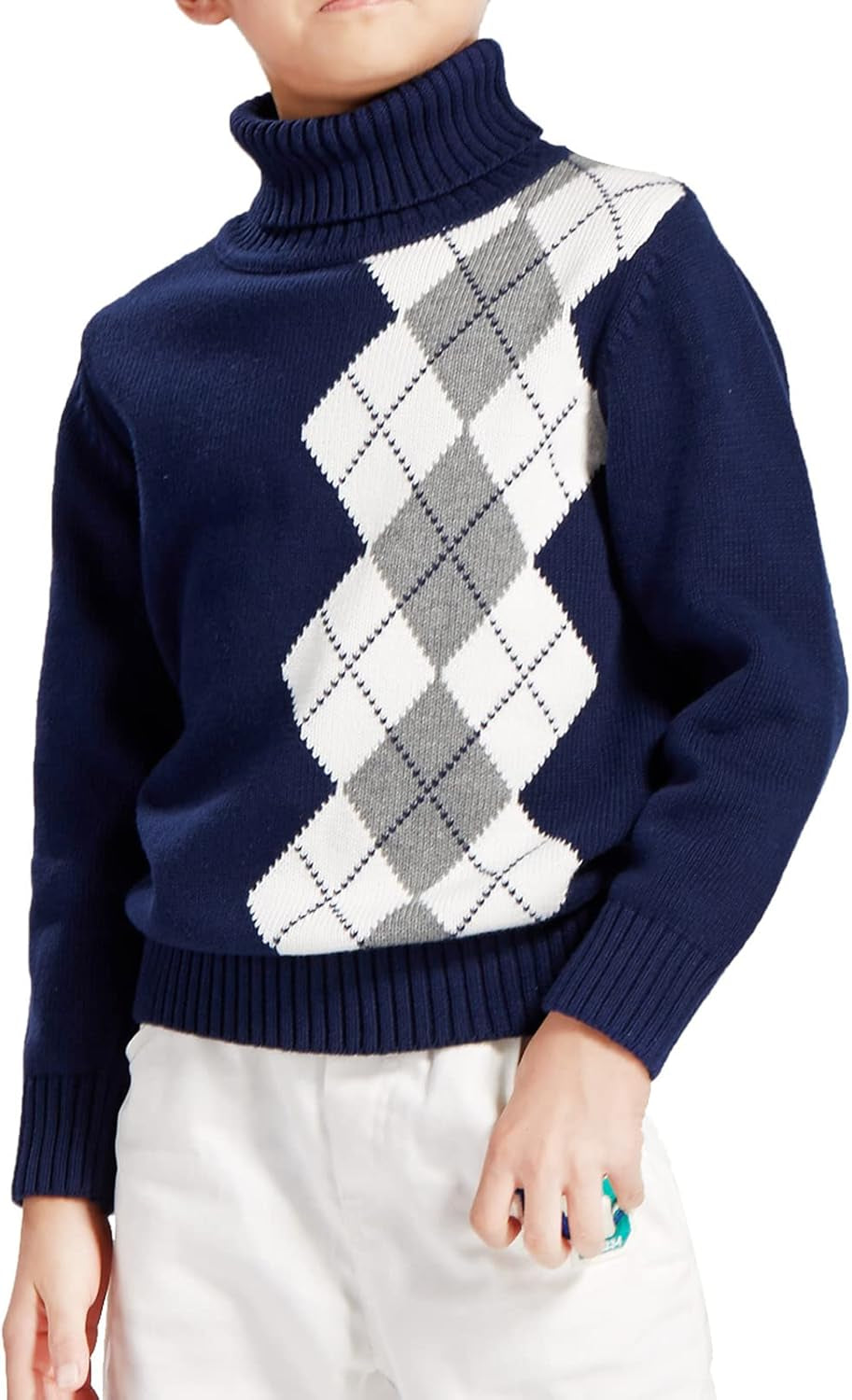 Kids Long Sleeve Sweater Argyle Uniform Plaid Turtleneck Pullover for Boys Girls