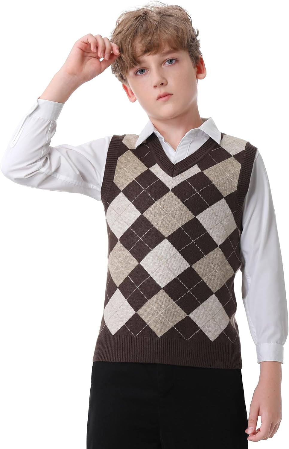 Boys Sweater Vest V Neck Argyle Sleeveless Uniform Knit Plaid Kids Clothes